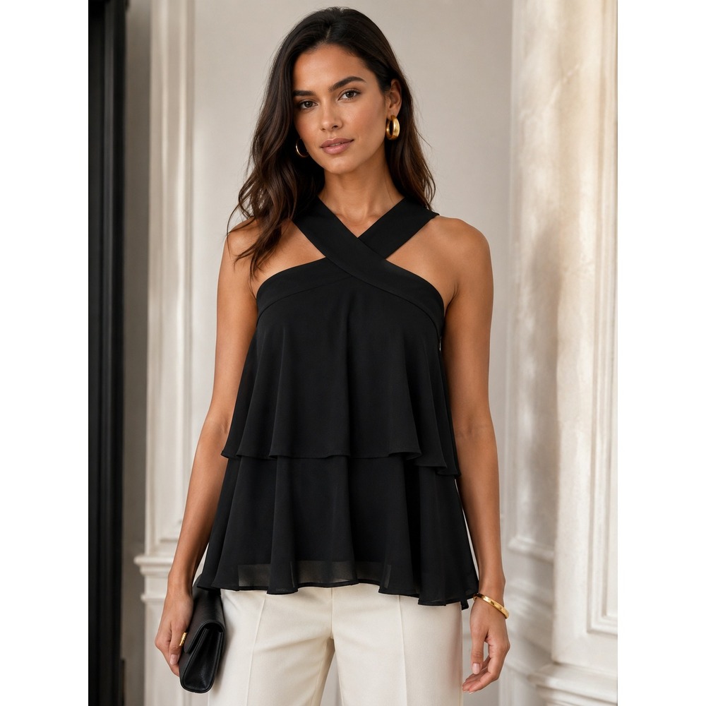 NWT Amanda Uprichard Black Tiered Halter Tank Blouse (MSRP: $185) Size Large